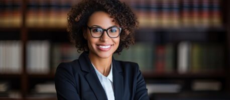 A young, solo attorney with blurred legal books behind her.